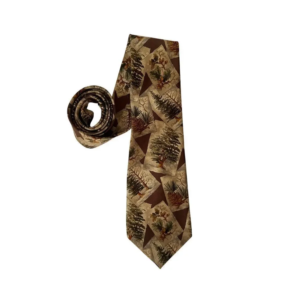 Oscar De La Renta‎ Mens Silk Necktie Wood Cream Brown Tie Trees Nature Forestry